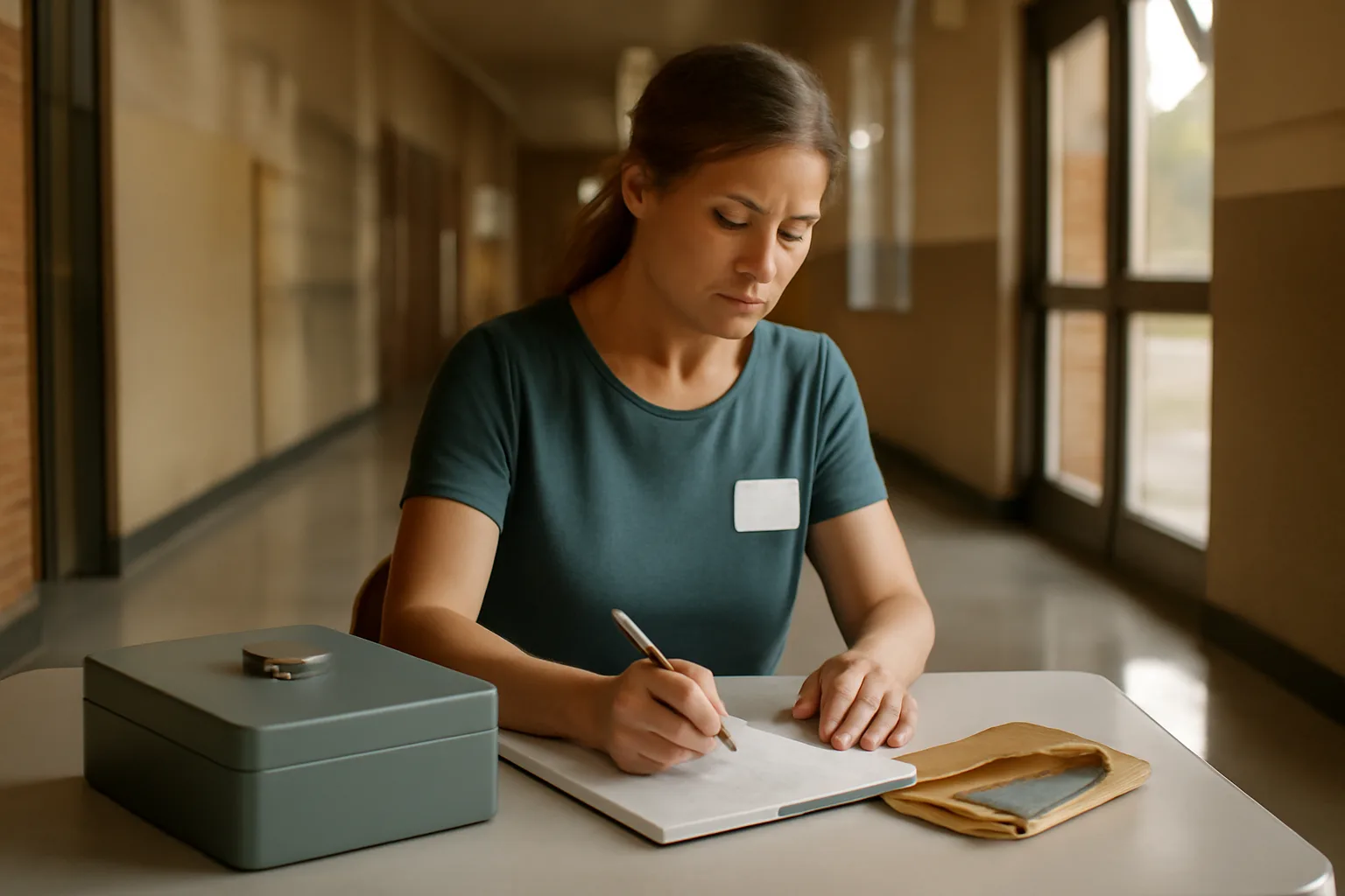 Volunteer treasurer reviewing cash and a ledger at a folding table, illustrating bonding a nonprofit treasurer