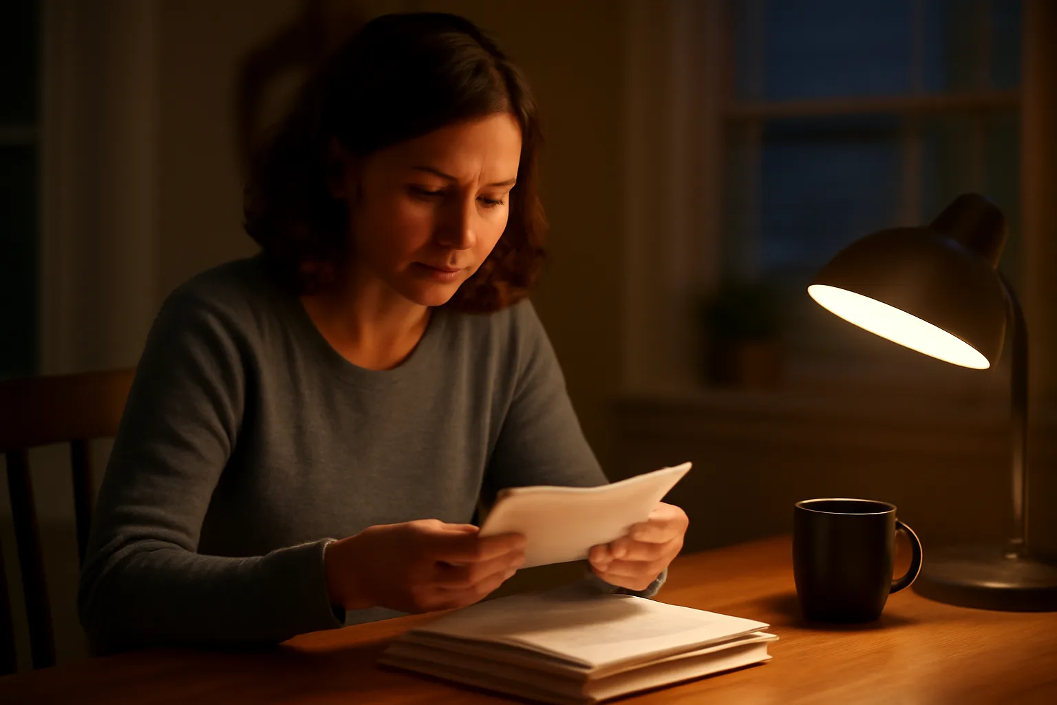 Volunteer treasurer sorting donation records at a home desk at night