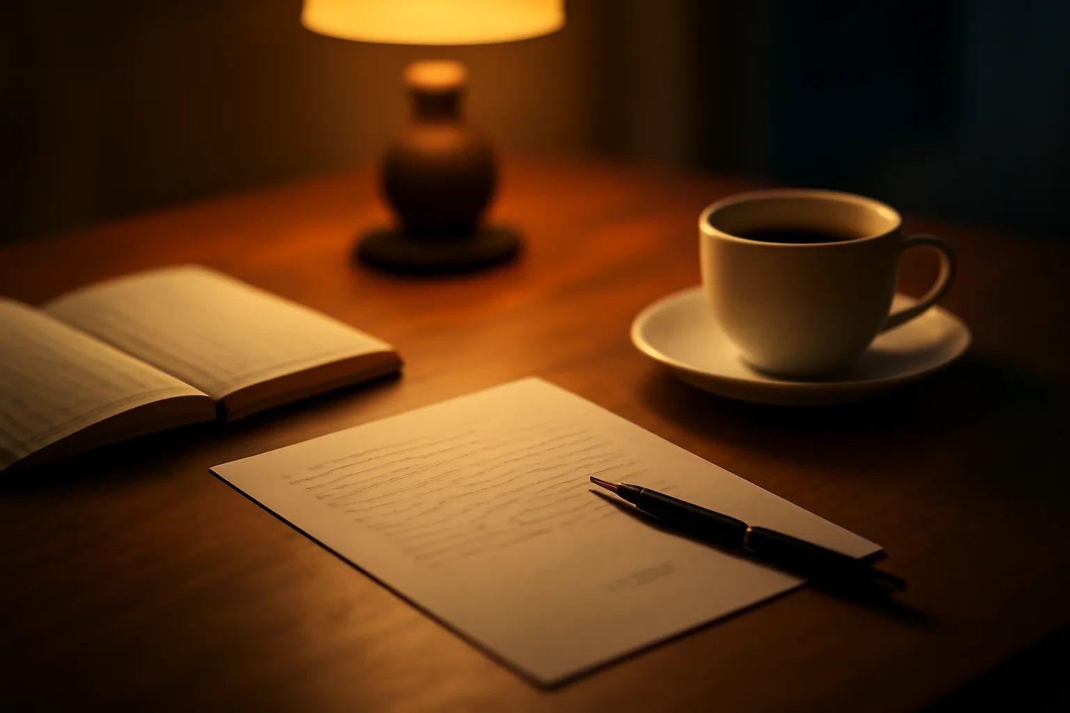 Desk scene with a donation acknowledgment letter and ledger under warm lamp light