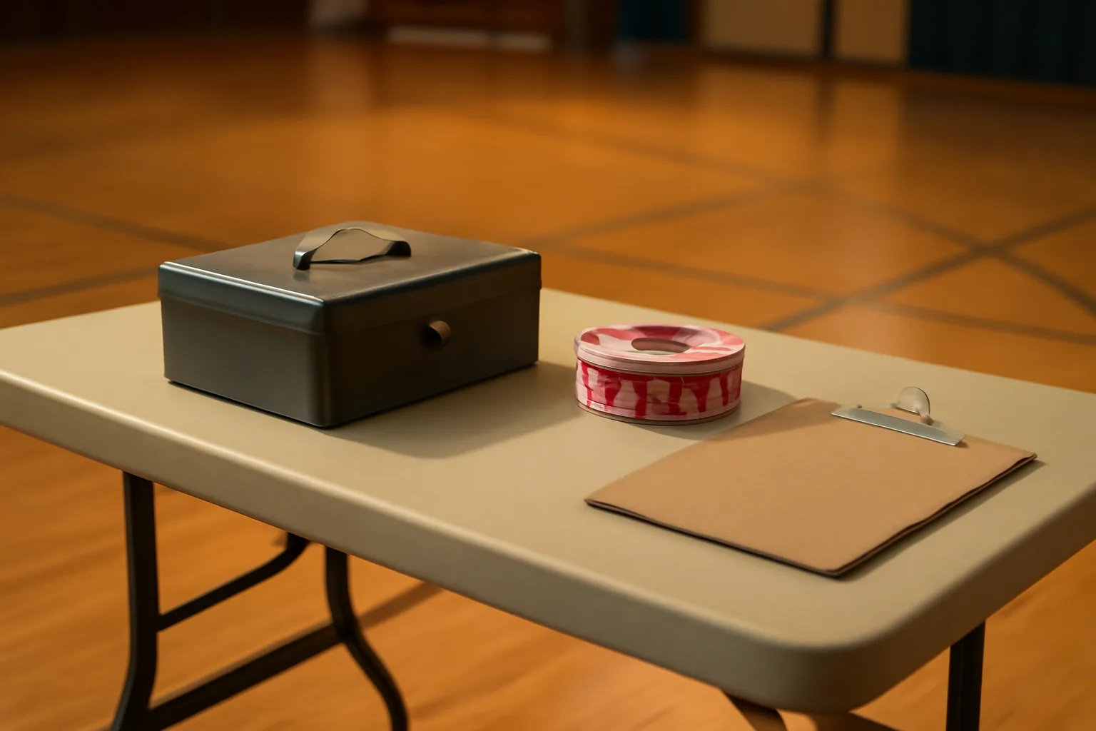 Volunteer table set up for a school booster club raffle with a cash box