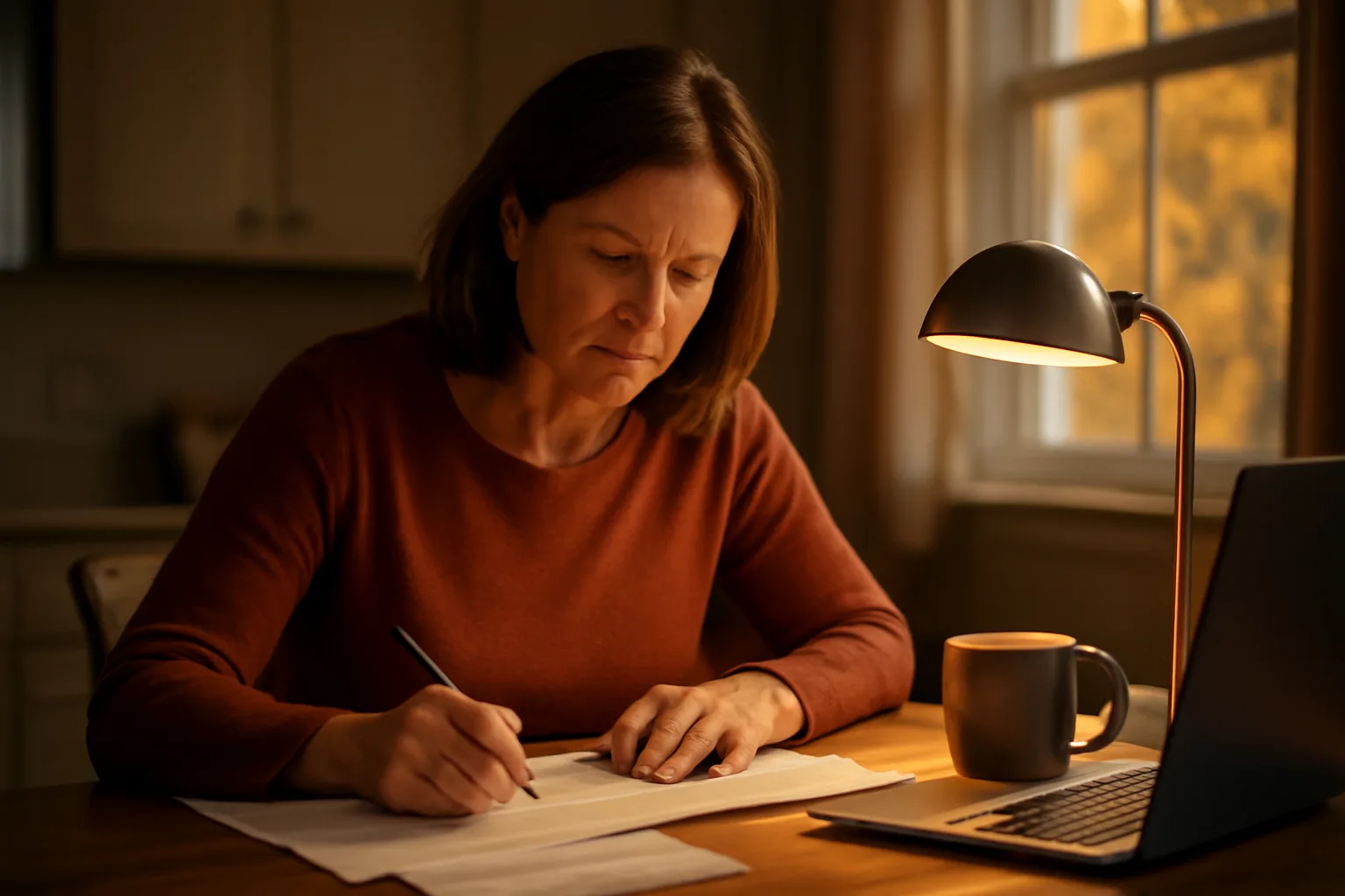 Volunteer booster club treasurer reviewing financial records at a home desk