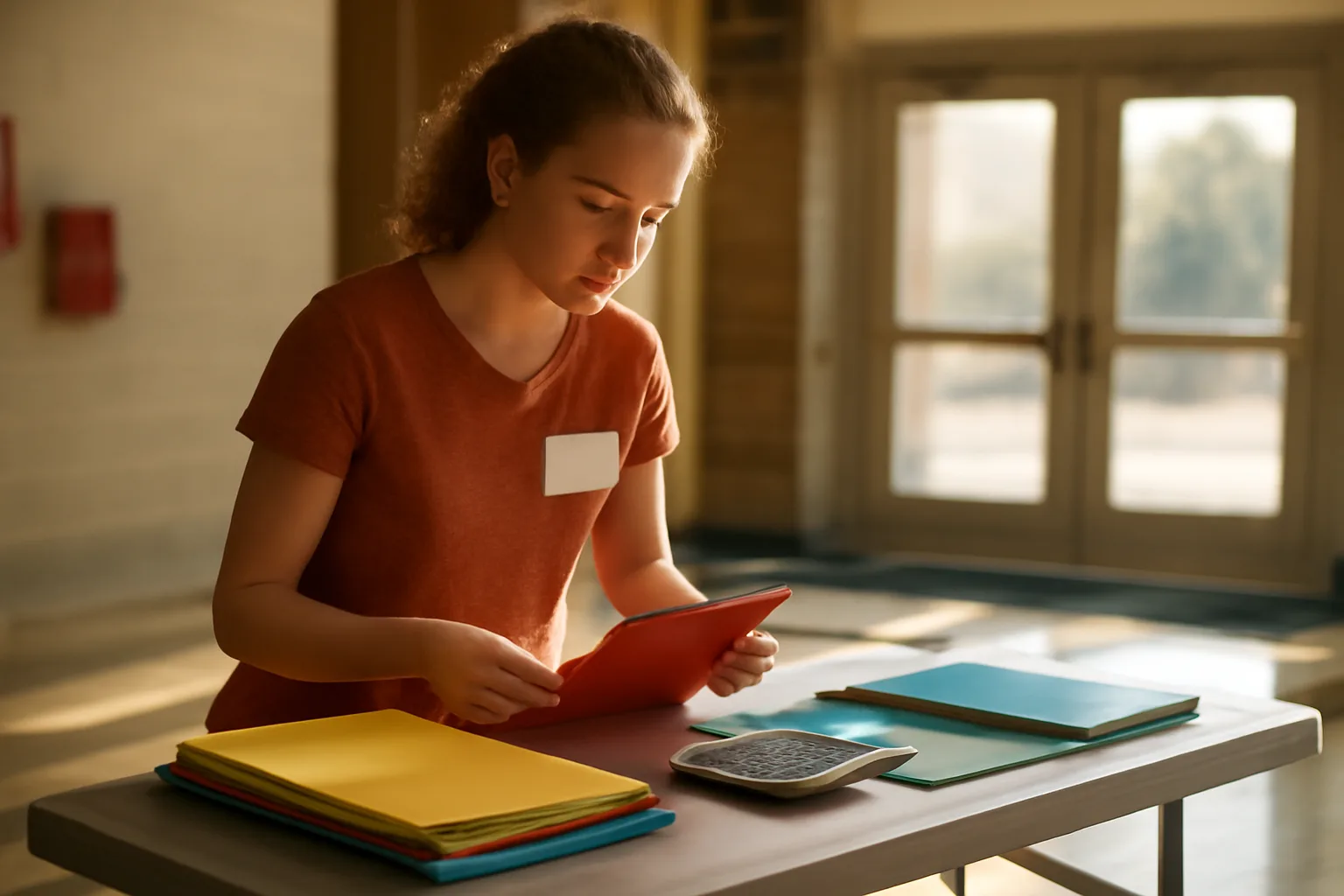 Volunteer treasurer organizing paperwork for a booster club at a school table