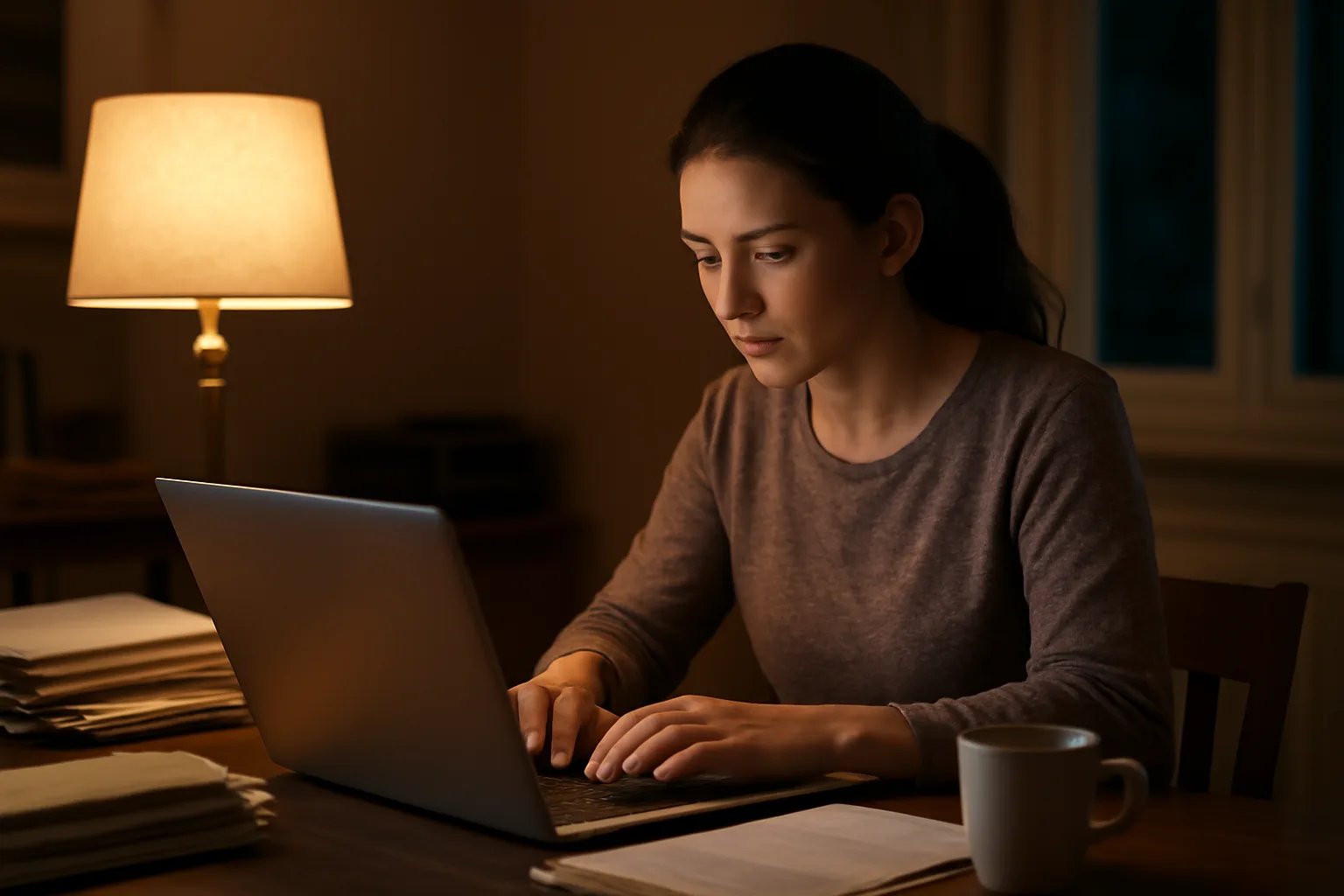 Volunteer treasurer working late on a laptop surrounded by paper folders
