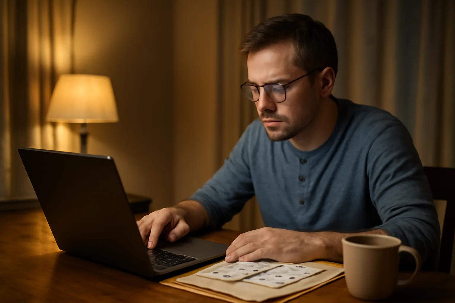 Volunteer treasurer working at a laptop with paper receipts nearby at night