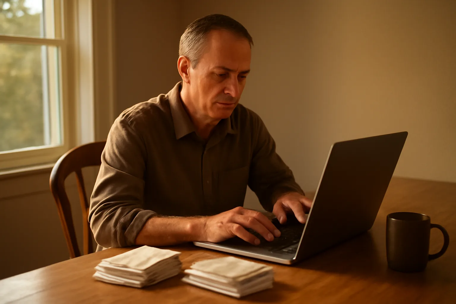 Booster club treasurer reviewing financial records at home table for Form 990-EZ filing