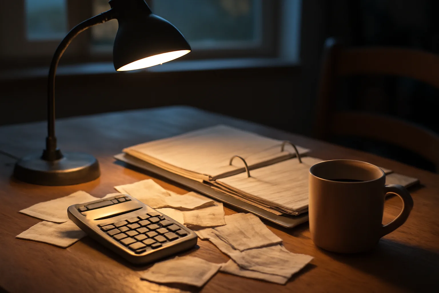 Kitchen table workspace with calculator and binder, evoking 990 filing requirements for volunteer treasurers