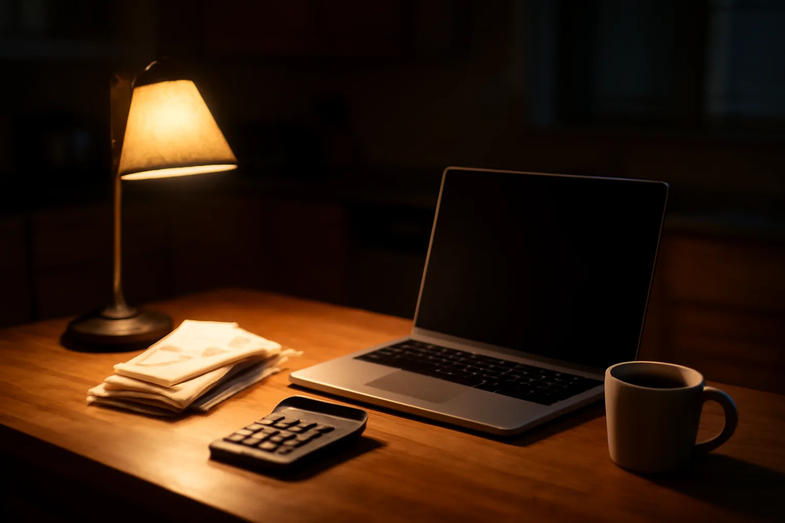 Volunteer treasurer working on nonprofit tax filing paperwork at a home desk at night
