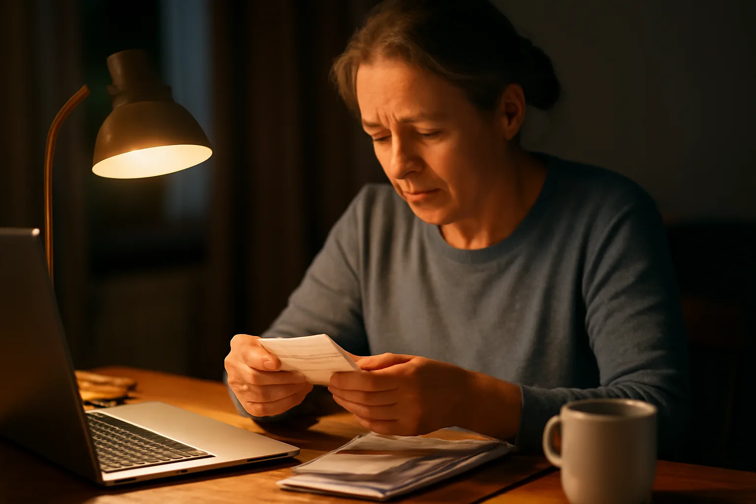 Volunteer treasurer reviewing receipts and a laptop while filing the 990-N e-postcard