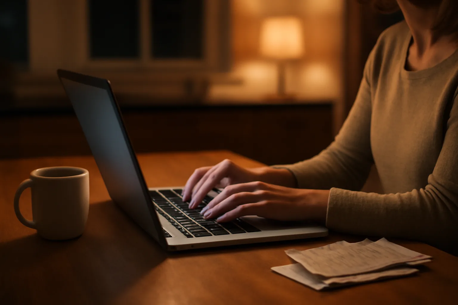 Volunteer treasurer typing on a laptop at home while filing nonprofit paperwork at night