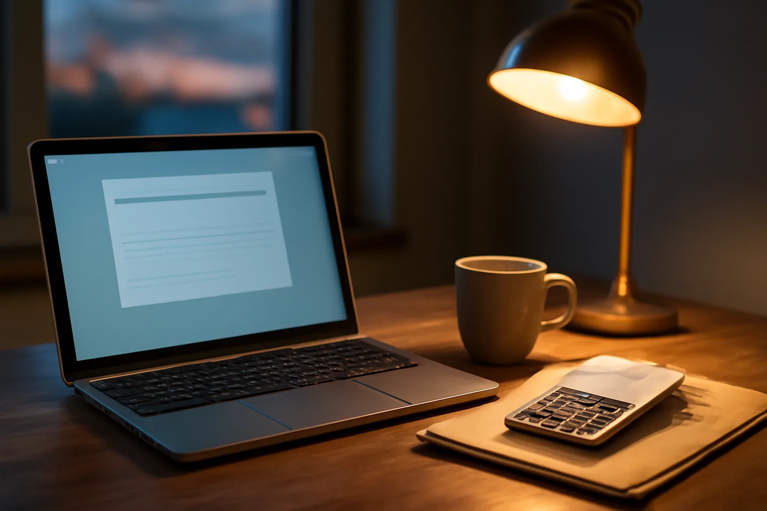 Volunteer treasurer's desk with laptop, folder of receipts, and calculator at night