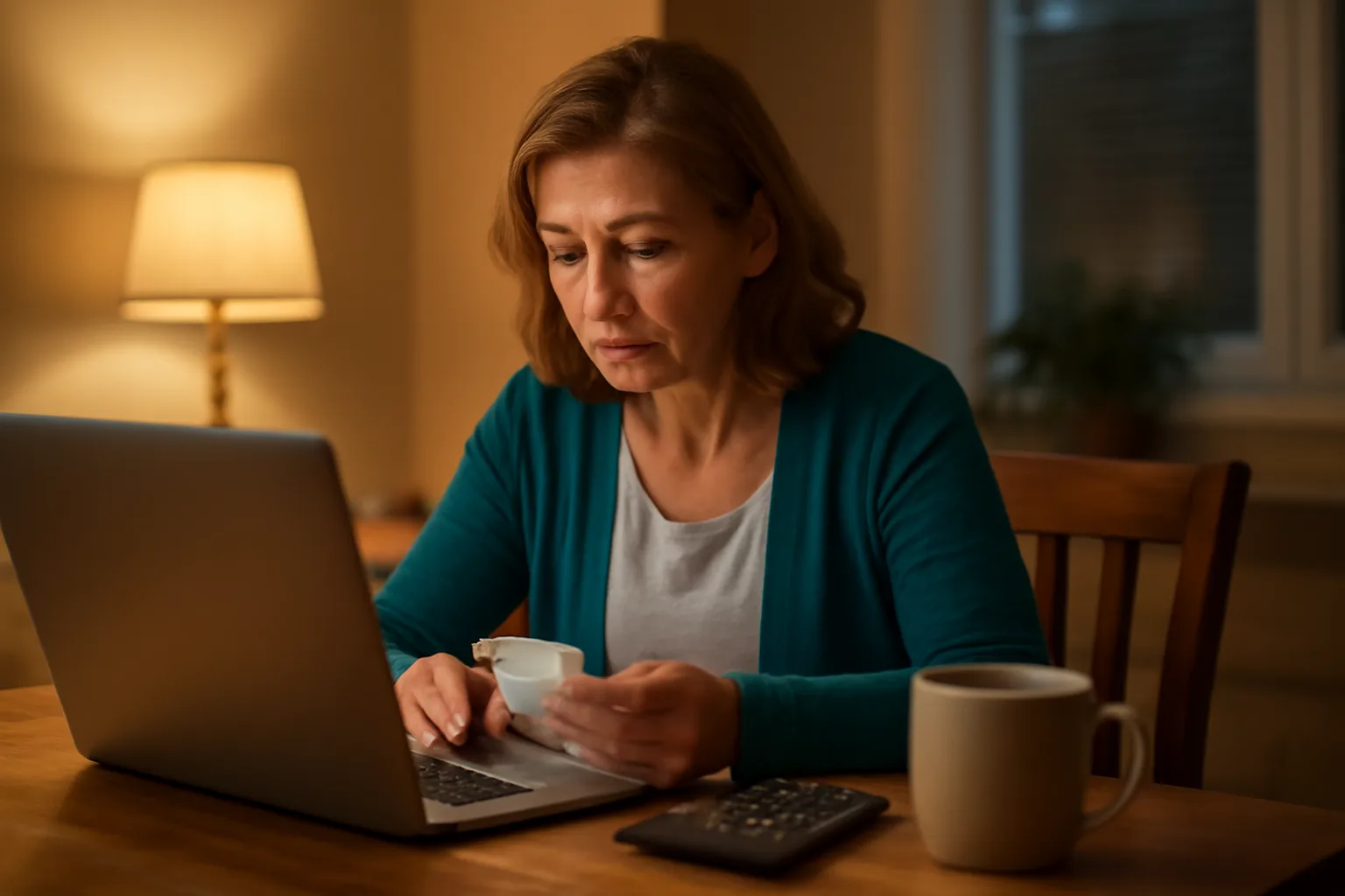 Volunteer treasurer working at a laptop with receipts, filing nonprofit paperwork at home