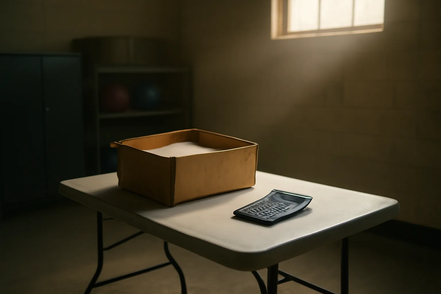 Storage room table with old ledger box and calculator, evoking booster club 990-N filing deadline 2020