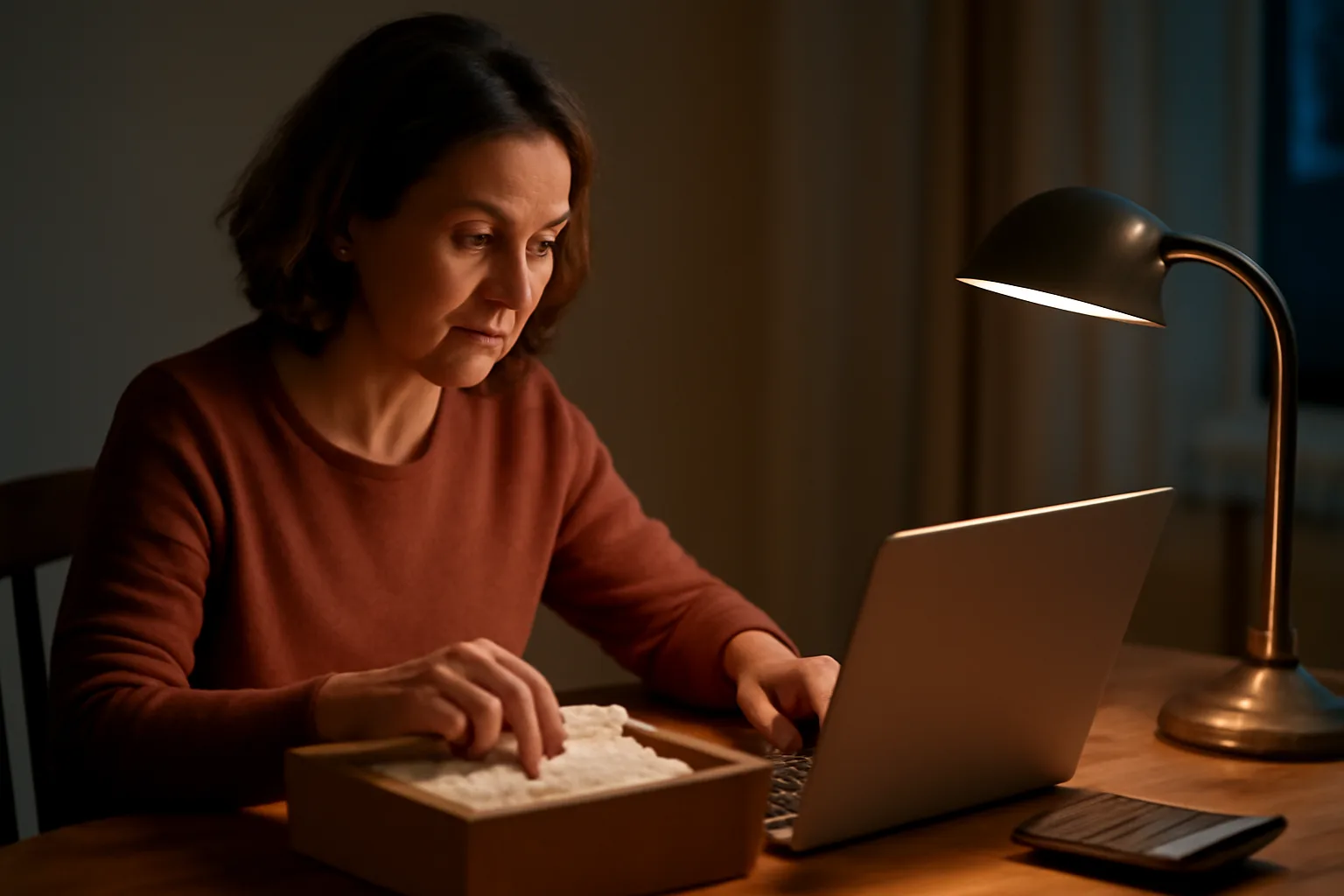 Volunteer treasurer working at a kitchen table on the 990-N filing deadline with receipts and a laptop