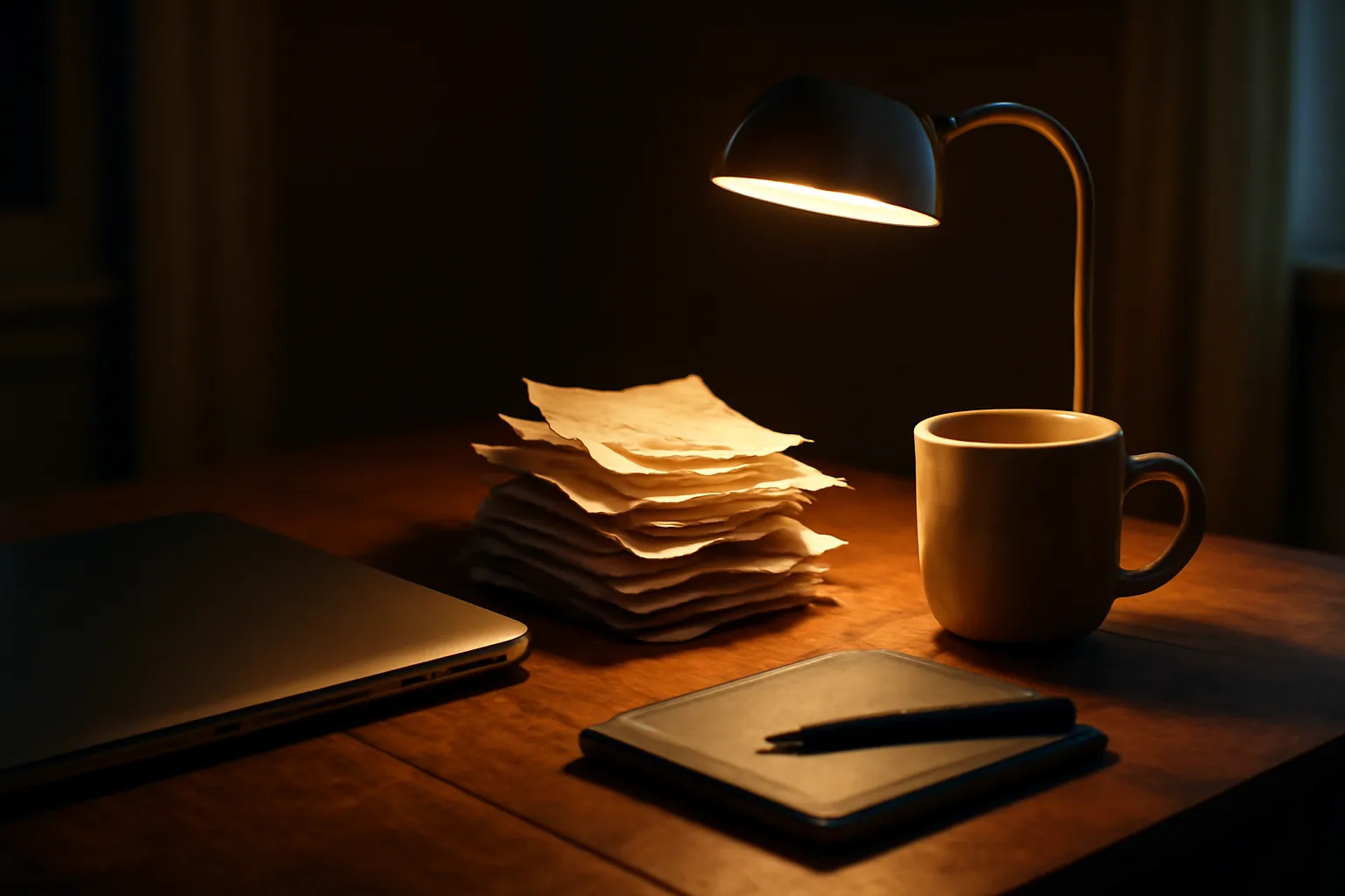 Volunteer treasurer's desk at night with laptop and paper receipts under lamp light