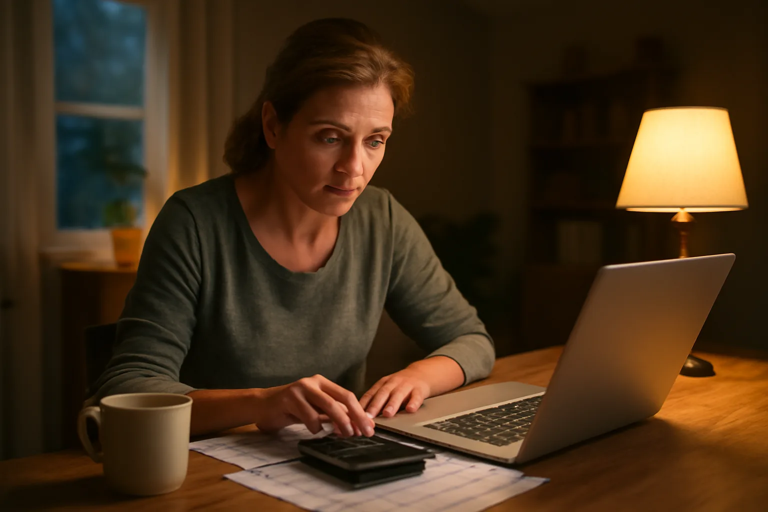 Volunteer treasurer working on nonprofit finances at a kitchen table at night