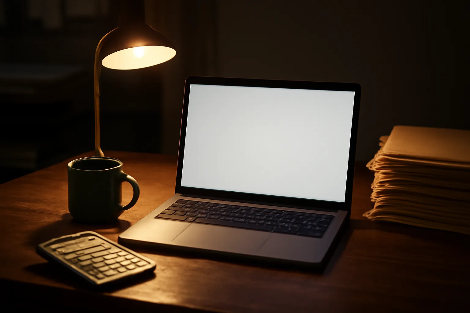 Volunteer treasurer's desk at night with laptop, folders, and calculator during 990-N filing troubleshooting