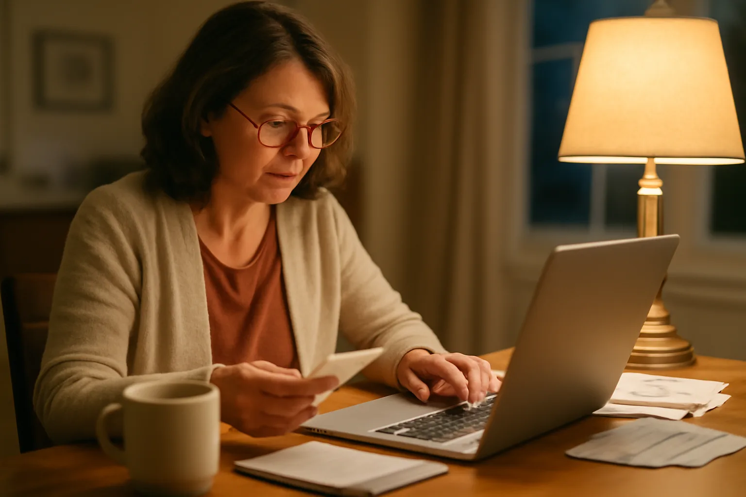 Volunteer treasurer filing paperwork at a laptop with receipts on the table