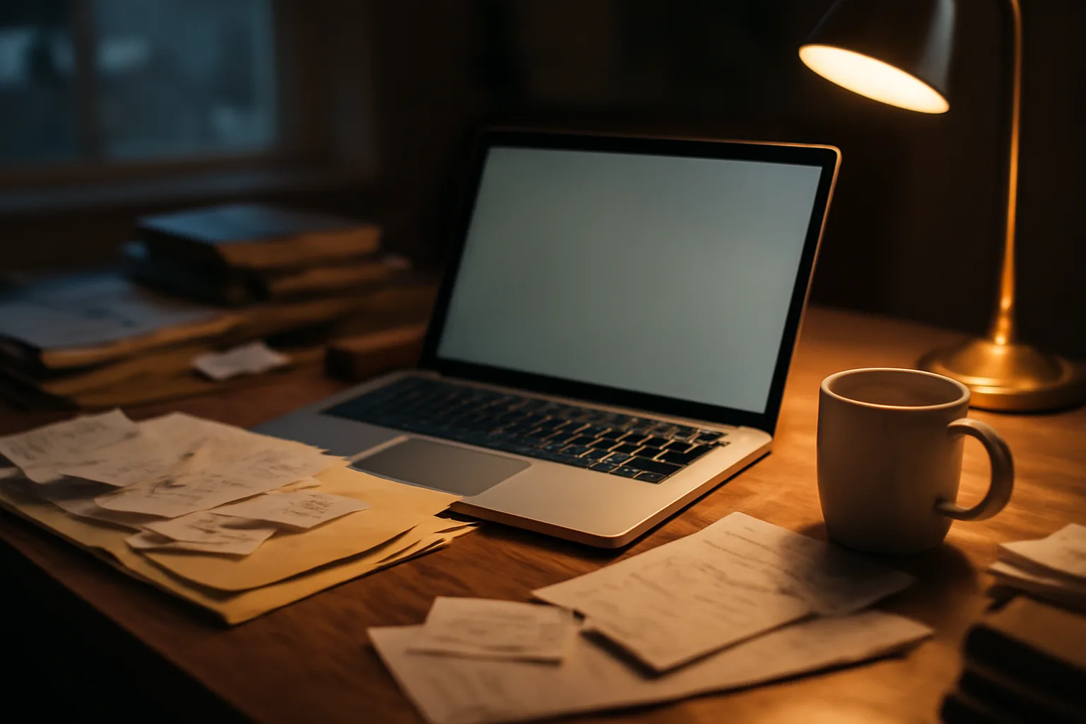 Volunteer treasurer's desk with laptop and receipts, preparing a 990-N filing at night
