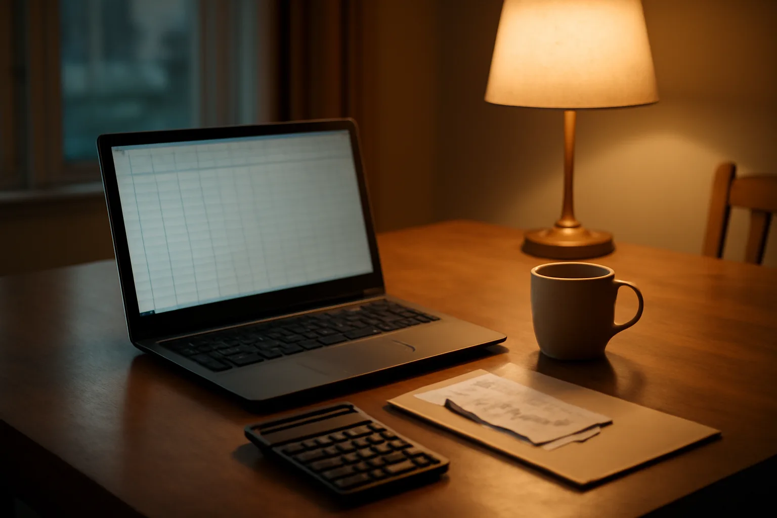 Volunteer treasurer's kitchen table workspace with laptop, calculator, and receipts folder
