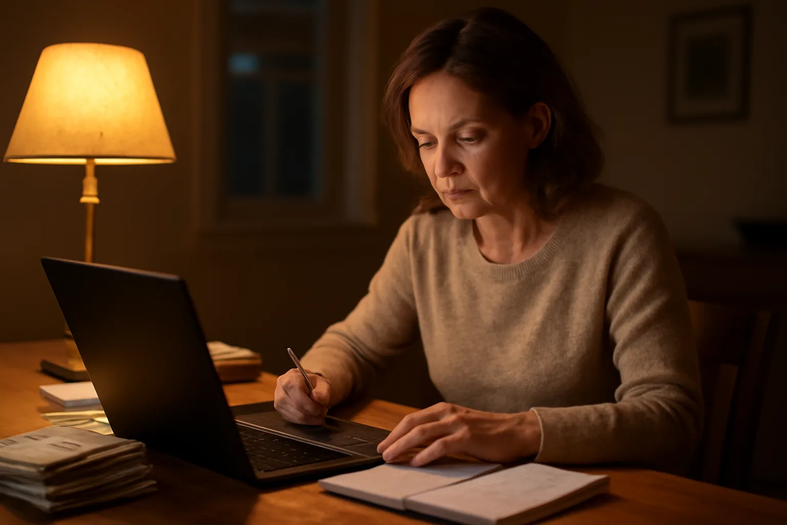 Volunteer treasurer reviewing paper receipts and a laptop at a home desk