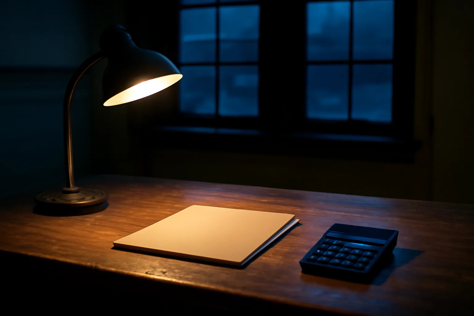 Desk lamp lighting a folder and calculator, evoking 990-N filing requirements paperwork
