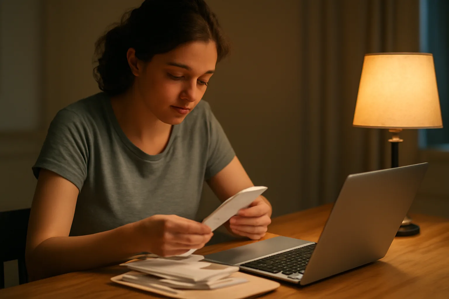 Volunteer treasurer sorting receipts at a table while preparing a 990-N initial filing