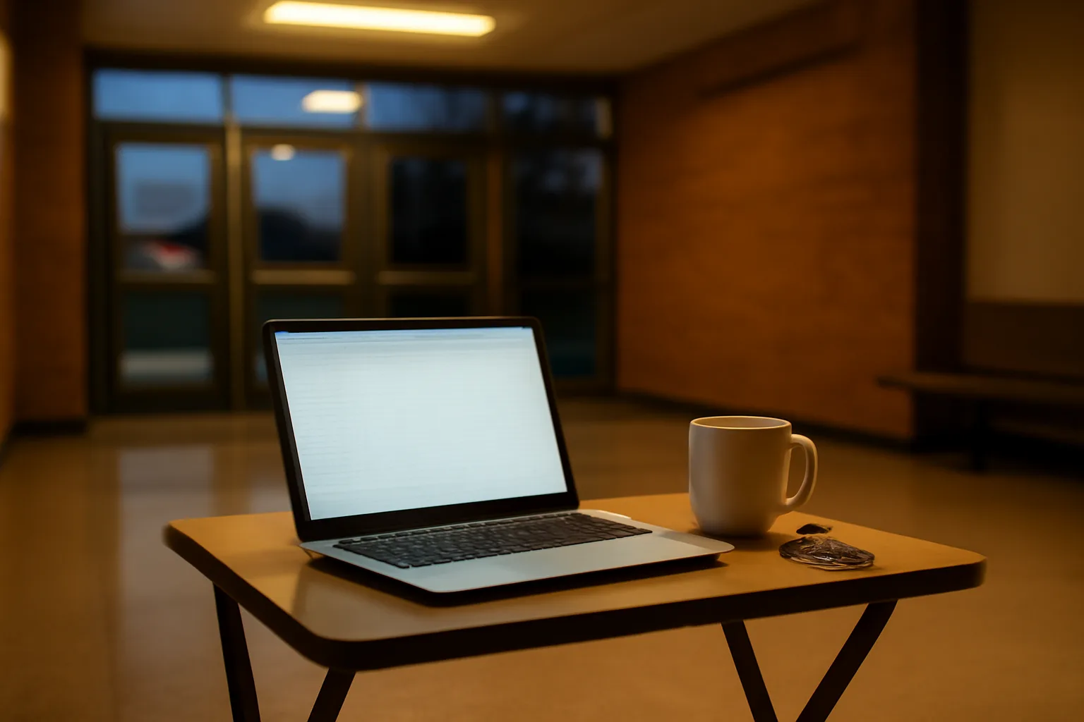 Volunteer treasurer's laptop and coffee mug on folding table before 990-N filing