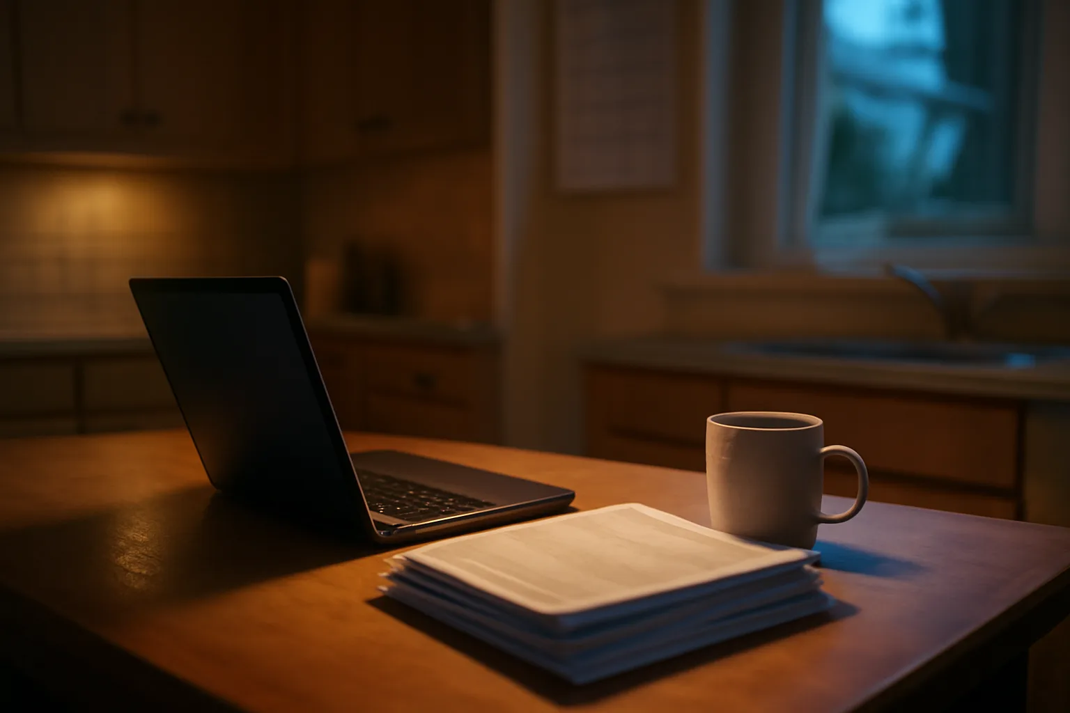 Volunteer treasurer at a home desk reviewing overdue 990-N filing paperwork at night