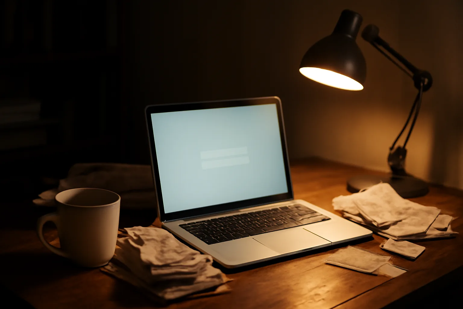 Volunteer treasurer's desk at night with laptop, receipts, and coffee mug