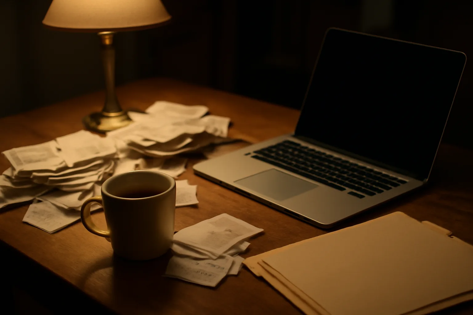 Volunteer treasurer working on 990-N post card filing at a kitchen table at night