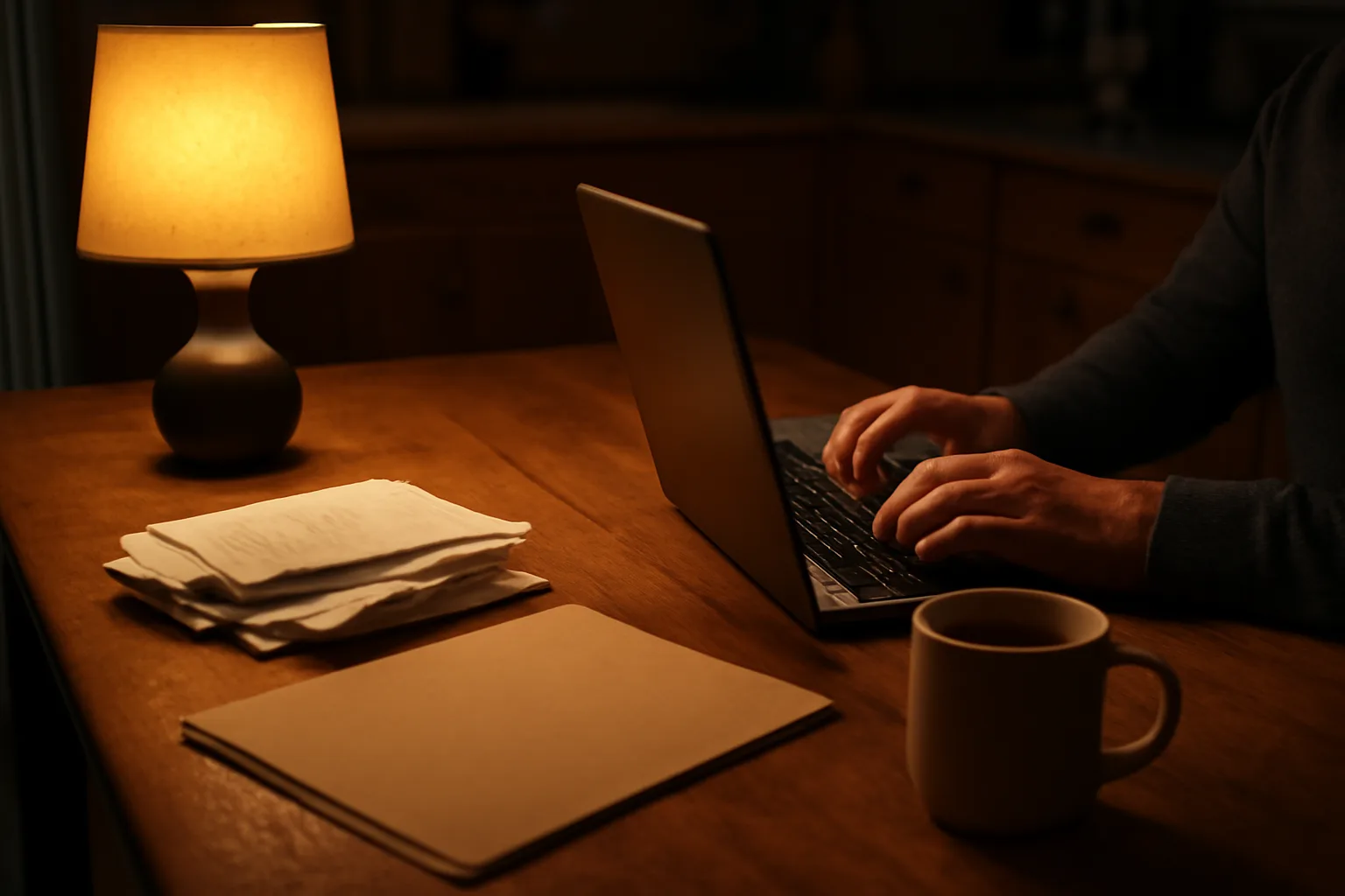 volunteer treasurer working at a kitchen table late at night on nonprofit filing paperwork