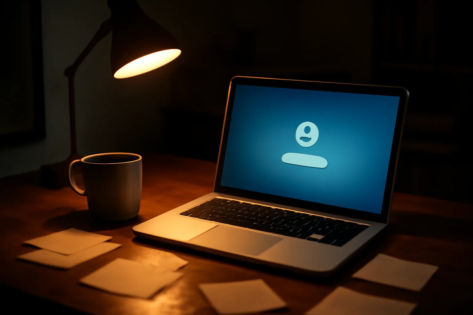 Volunteer treasurer working late at a home desk filing paperwork by lamplight