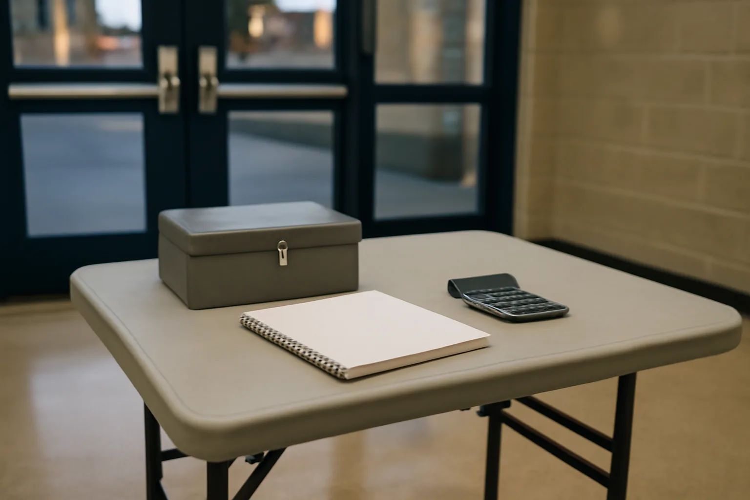 Treasurer's table with cash box, notebook, and calculator before a school fundraiser