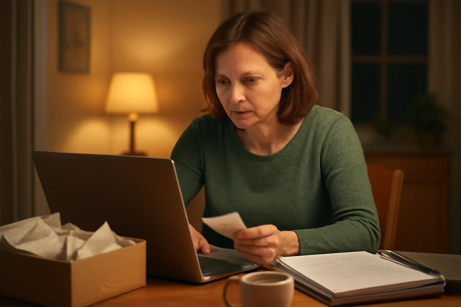 Volunteer treasurer reviewing nonprofit finances at home before a 990-N filing deadline