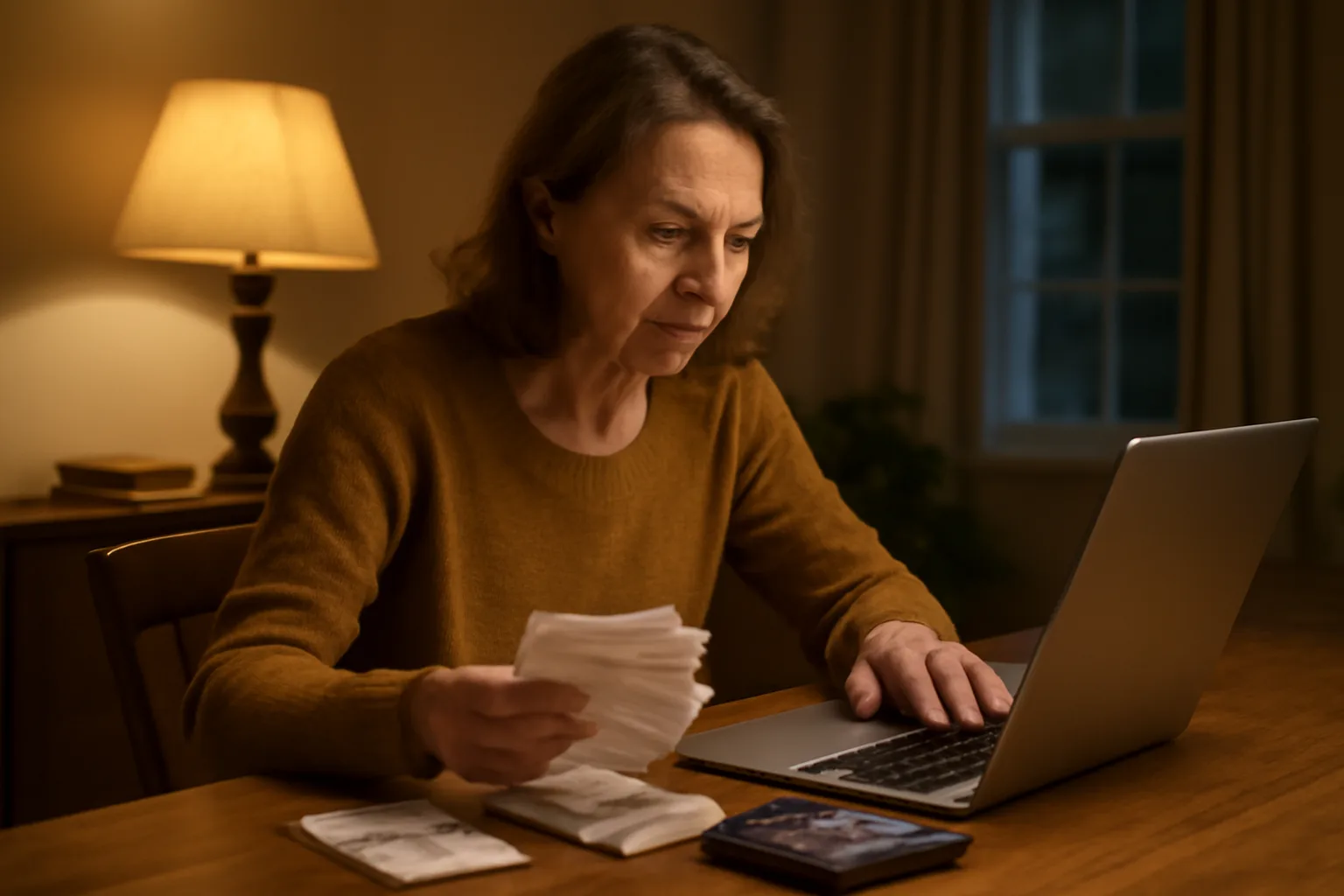 Volunteer treasurer working at a kitchen table on 990-N filing with laptop and receipts