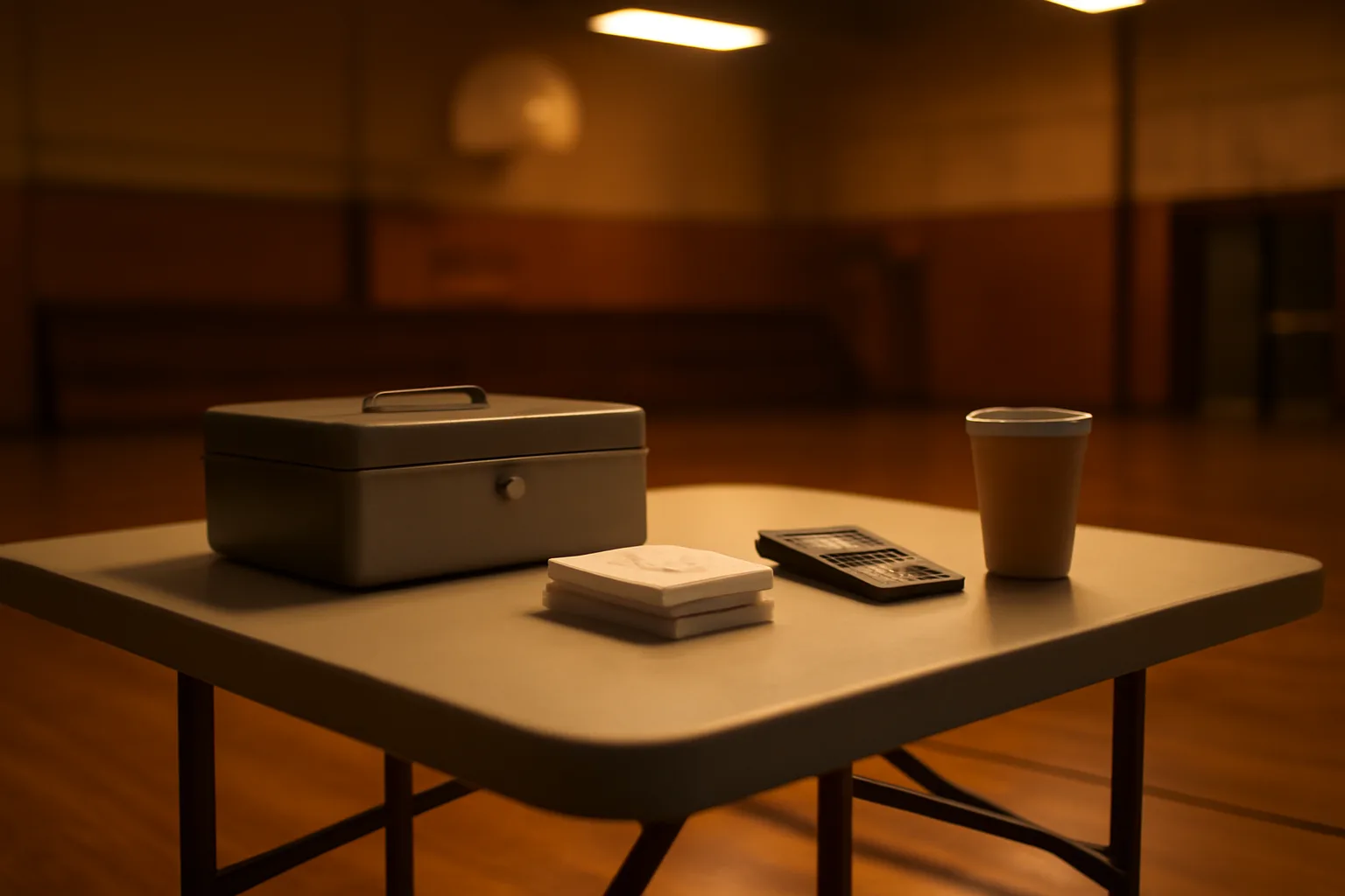 Treasurer's folding table with cash box and receipts for a booster club 990 filing