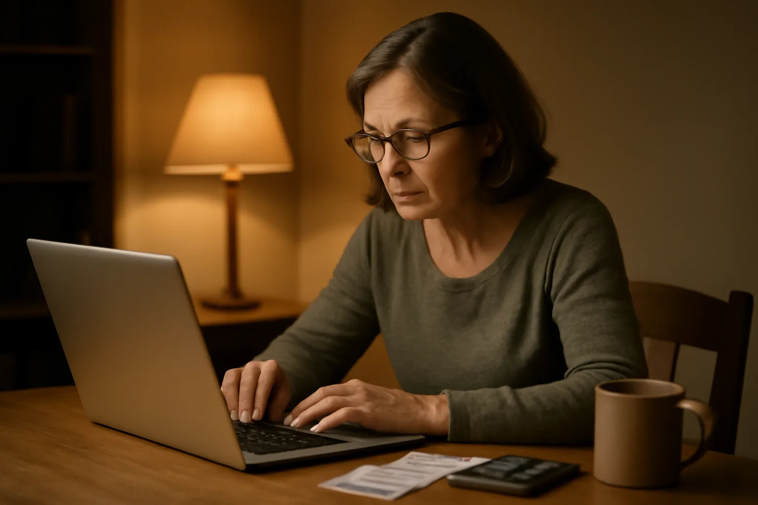 Volunteer treasurer working on 990 online filing at a home desk at night