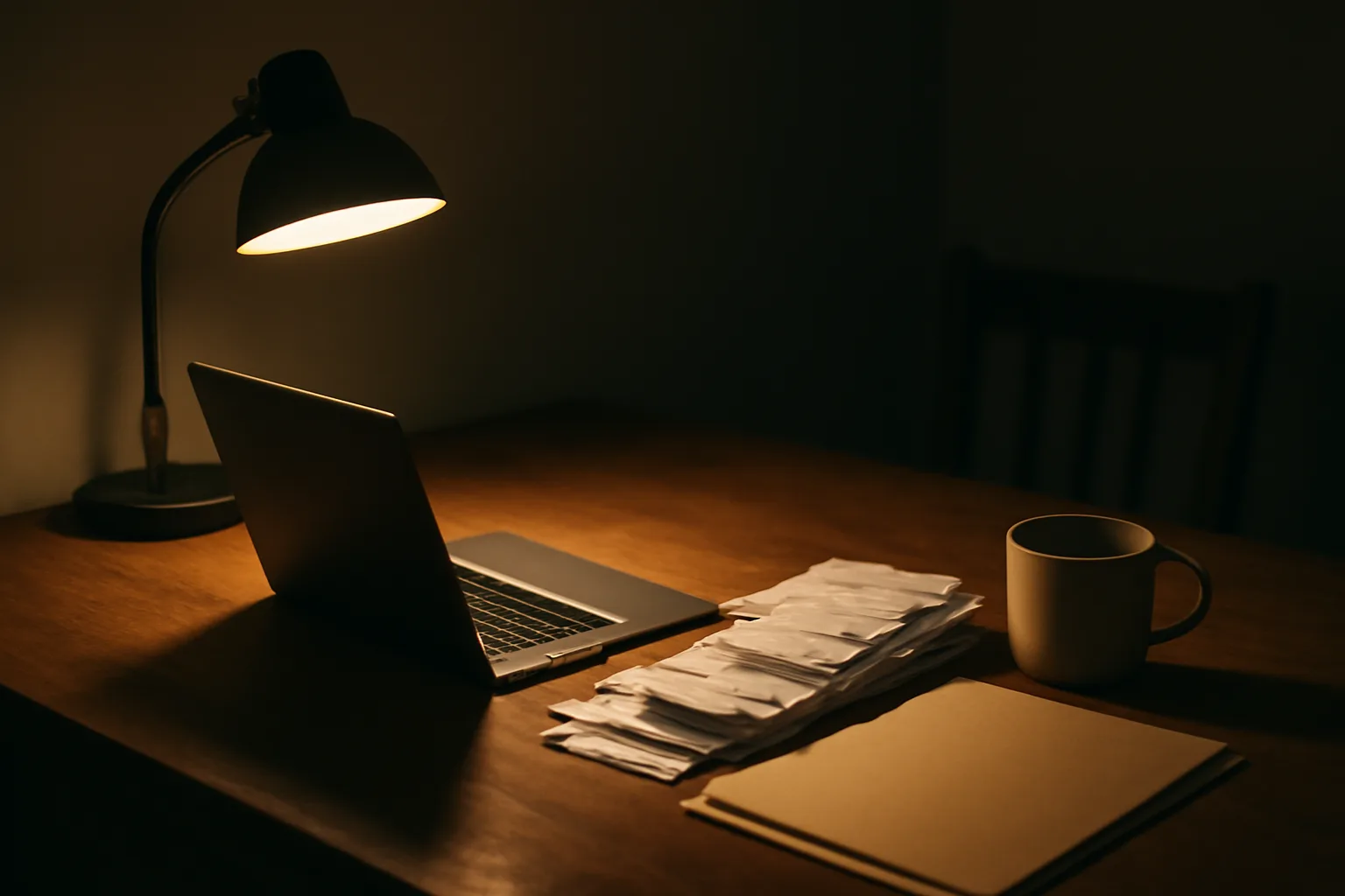 volunteer treasurer working on annual 990 report filing at a kitchen table at night