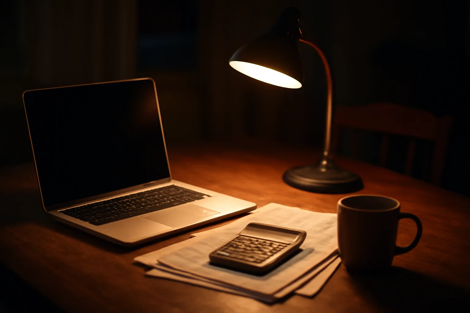 Volunteer treasurer's desk with laptop and bank statements at night