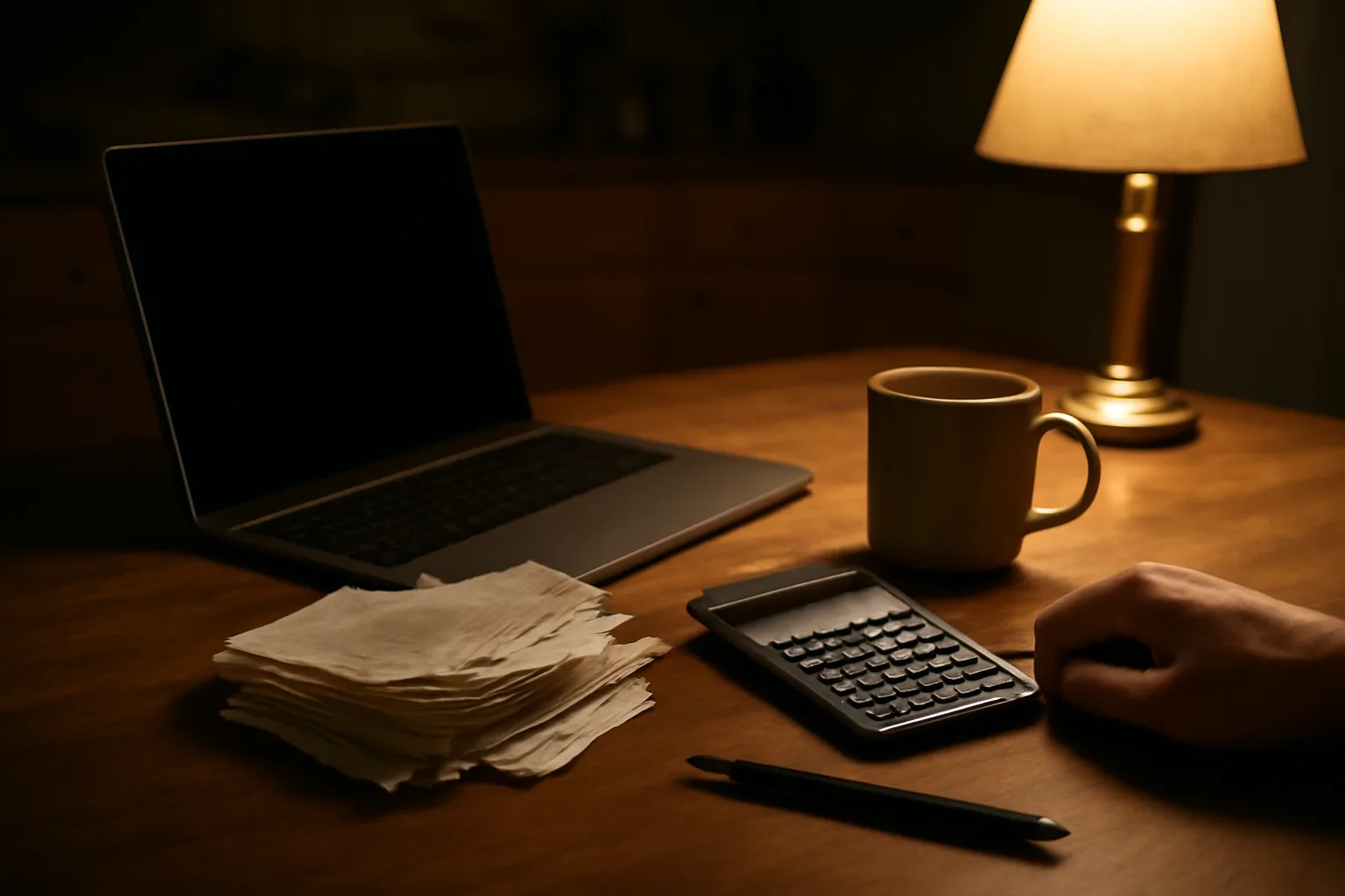 Volunteer treasurer working at a kitchen table on nonprofit financial records at night
