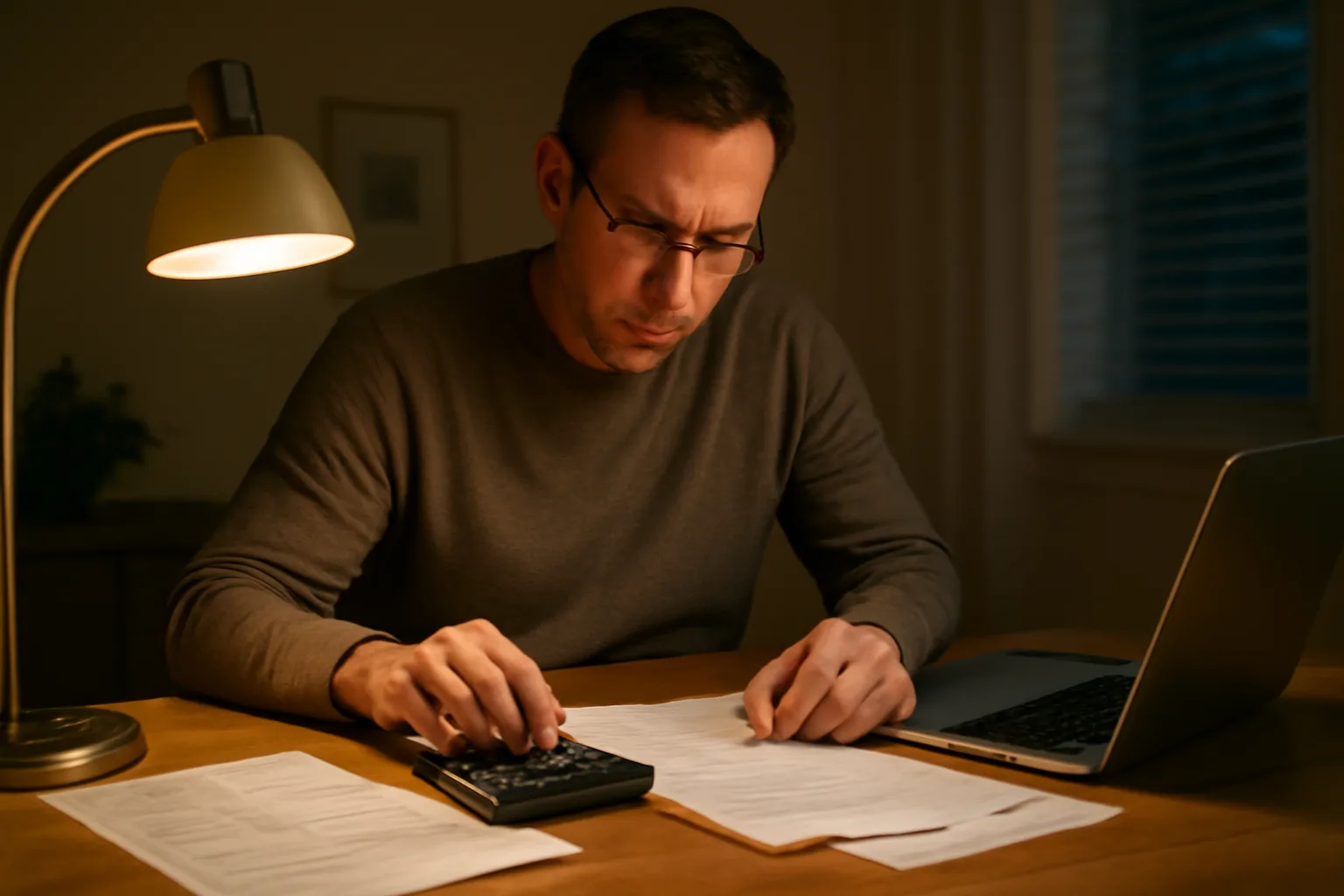 Volunteer treasurer reviewing bank statements and a calculator at night while preparing a 990 filing