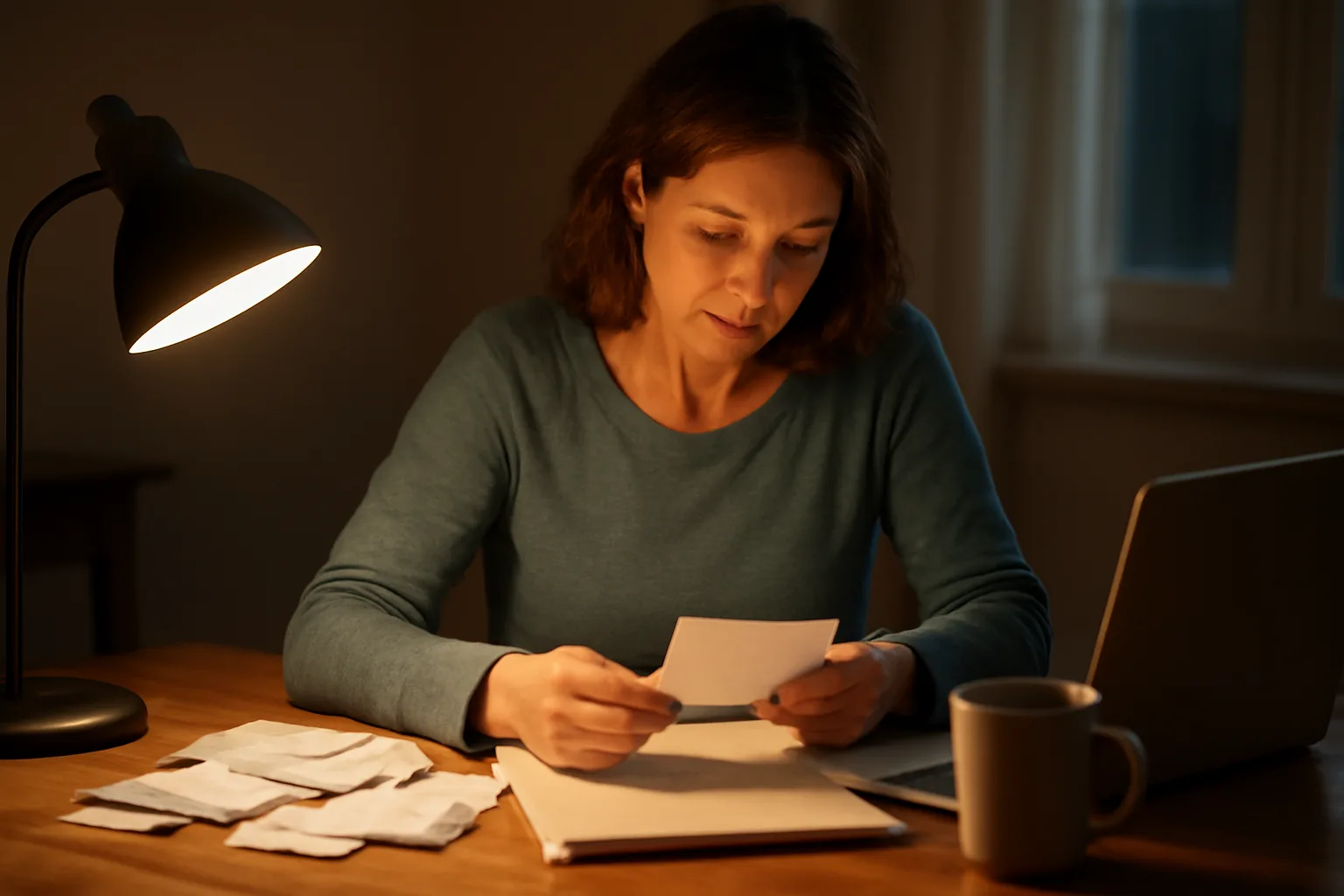 Volunteer treasurer reviewing nonprofit financial paperwork at a home desk at night