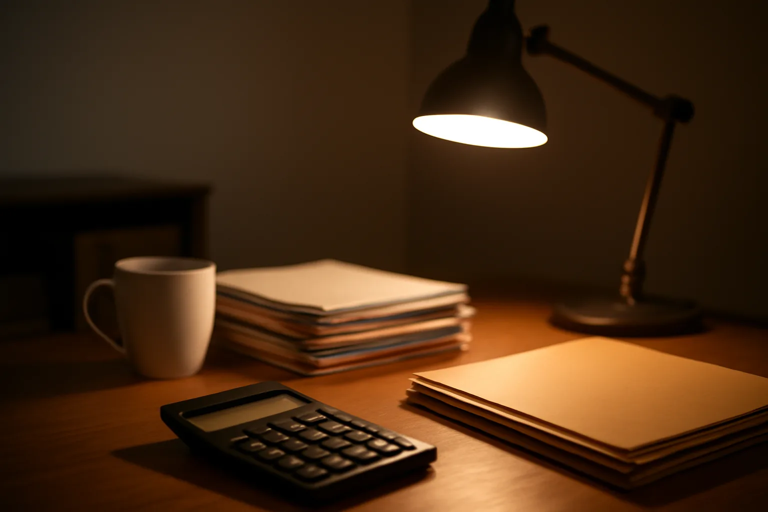 Treasurer's desk with bank statements and calculator under a lamp, representing 990 taxes work