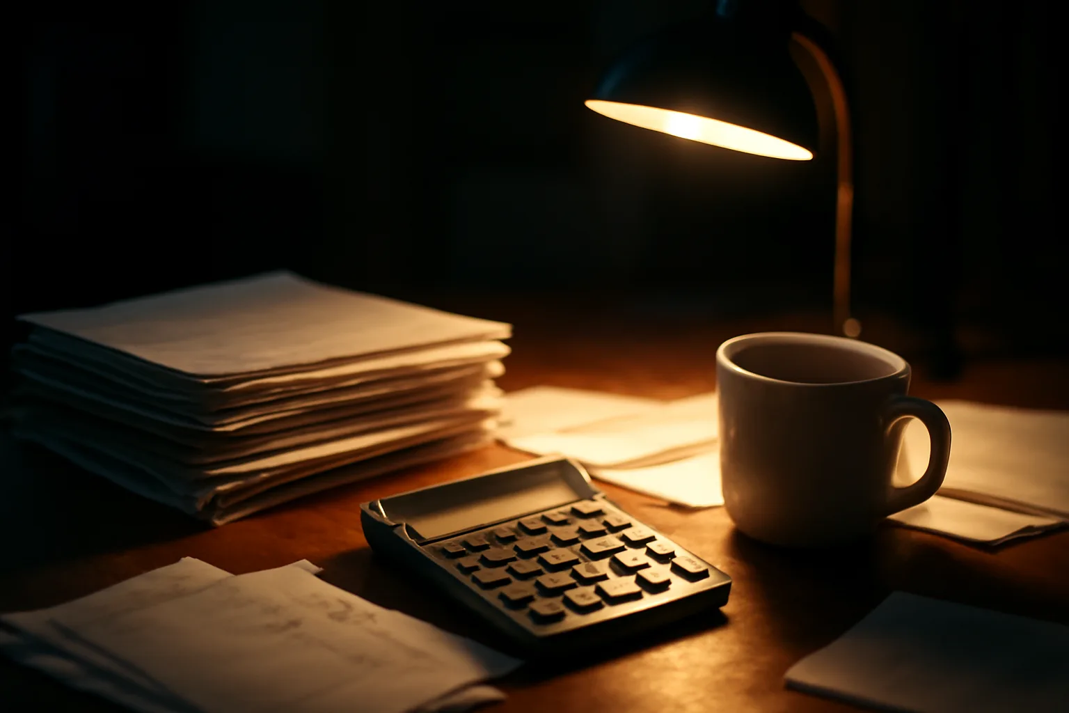 Home desk at night with calculator and bank statements for booster club treasurer work