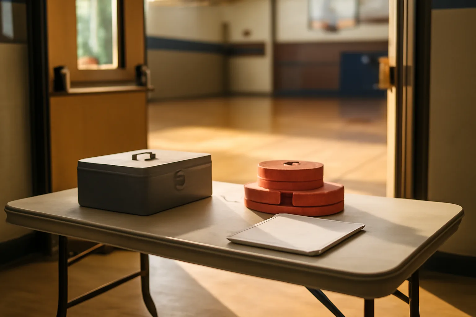 Volunteer treasurer's cash box and ticket rolls on a folding table before a school fundraiser