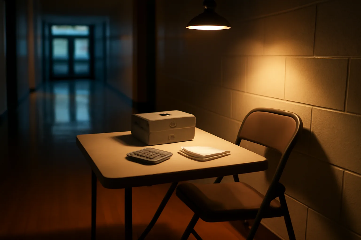 Treasurer's cash box, calculator, and receipts on a folding table in a school hallway