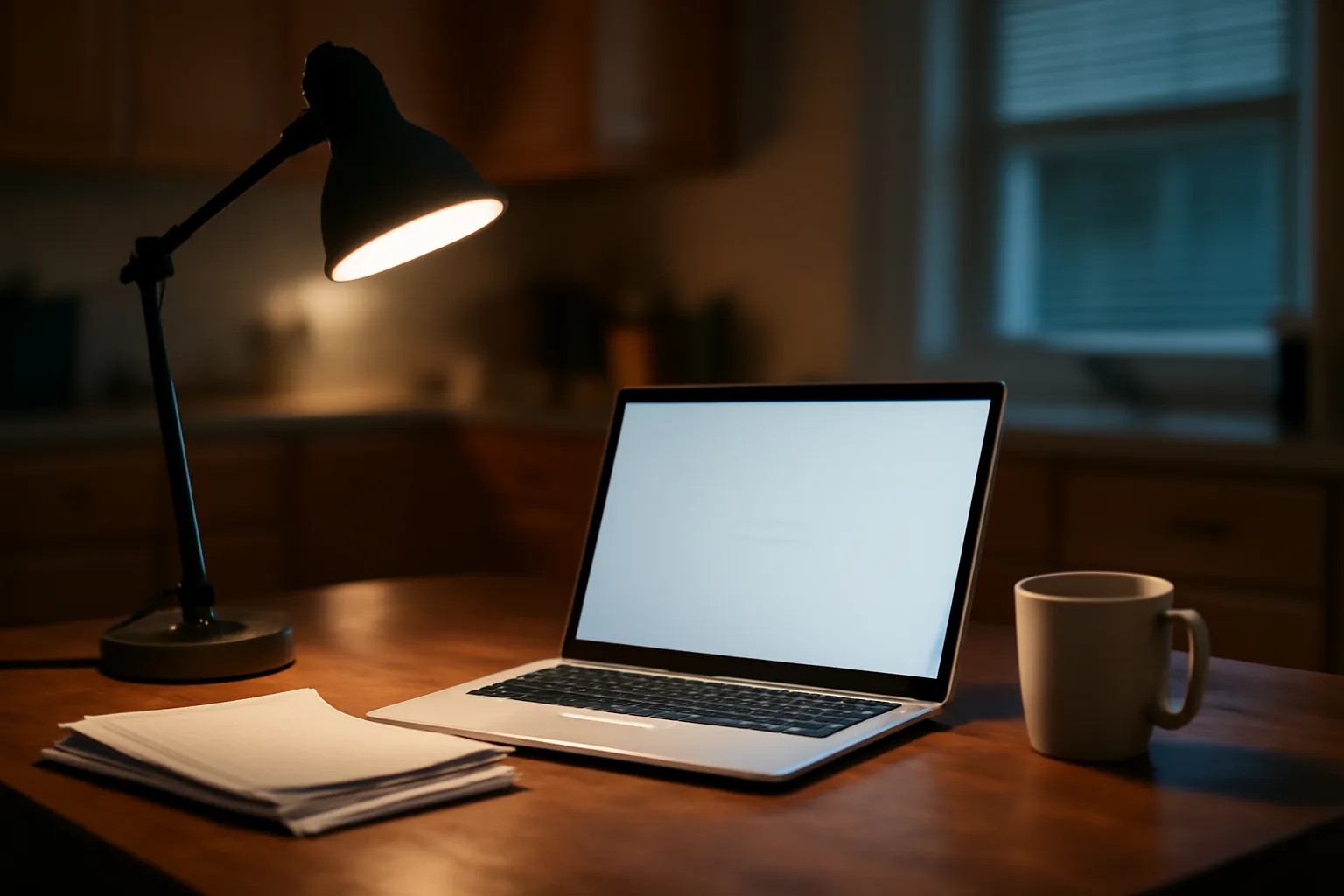 Volunteer treasurer's desk at night with laptop open for online nonprofit filing