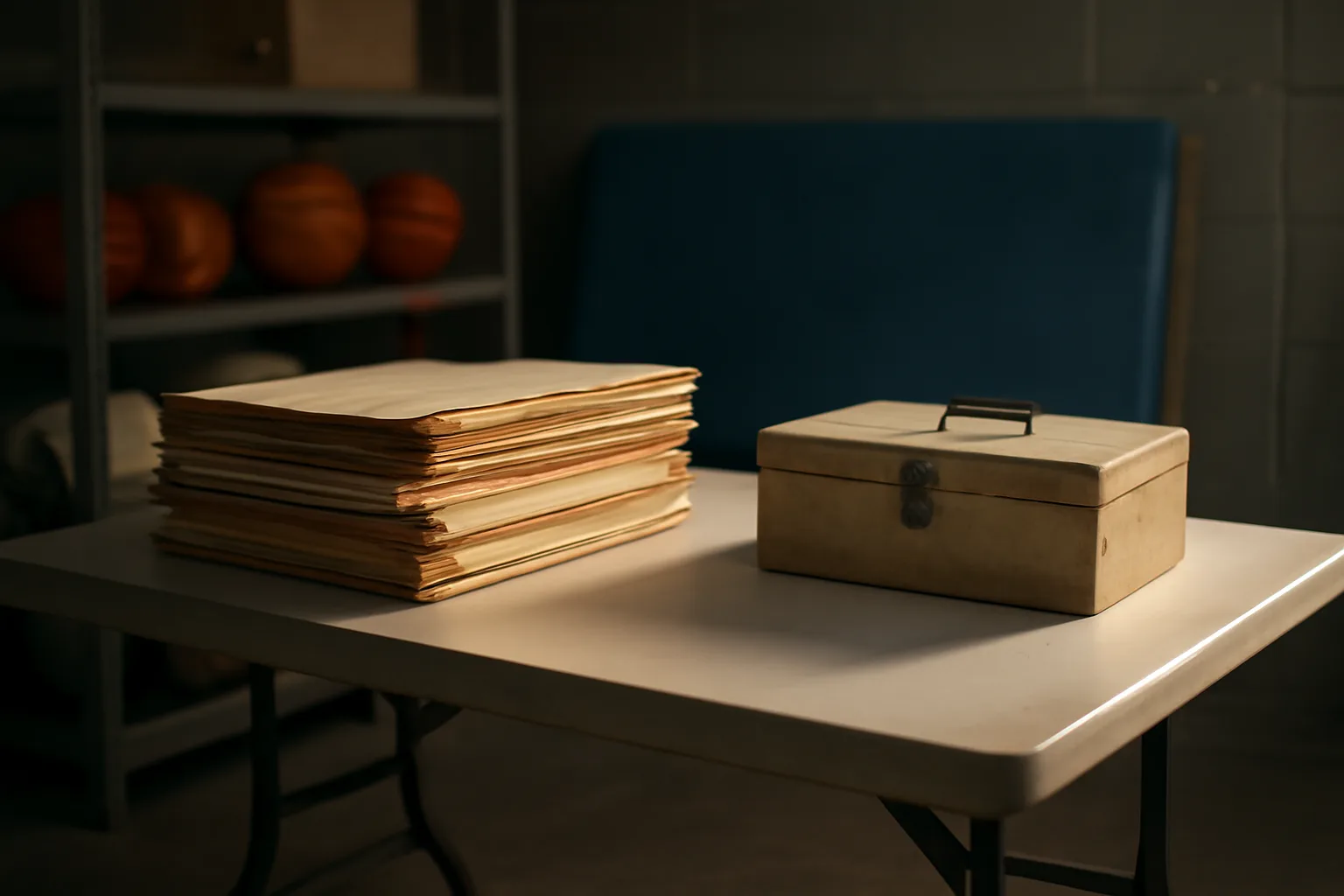Cash box and folders on a table representing booster club 501c3 delinquent recordkeeping