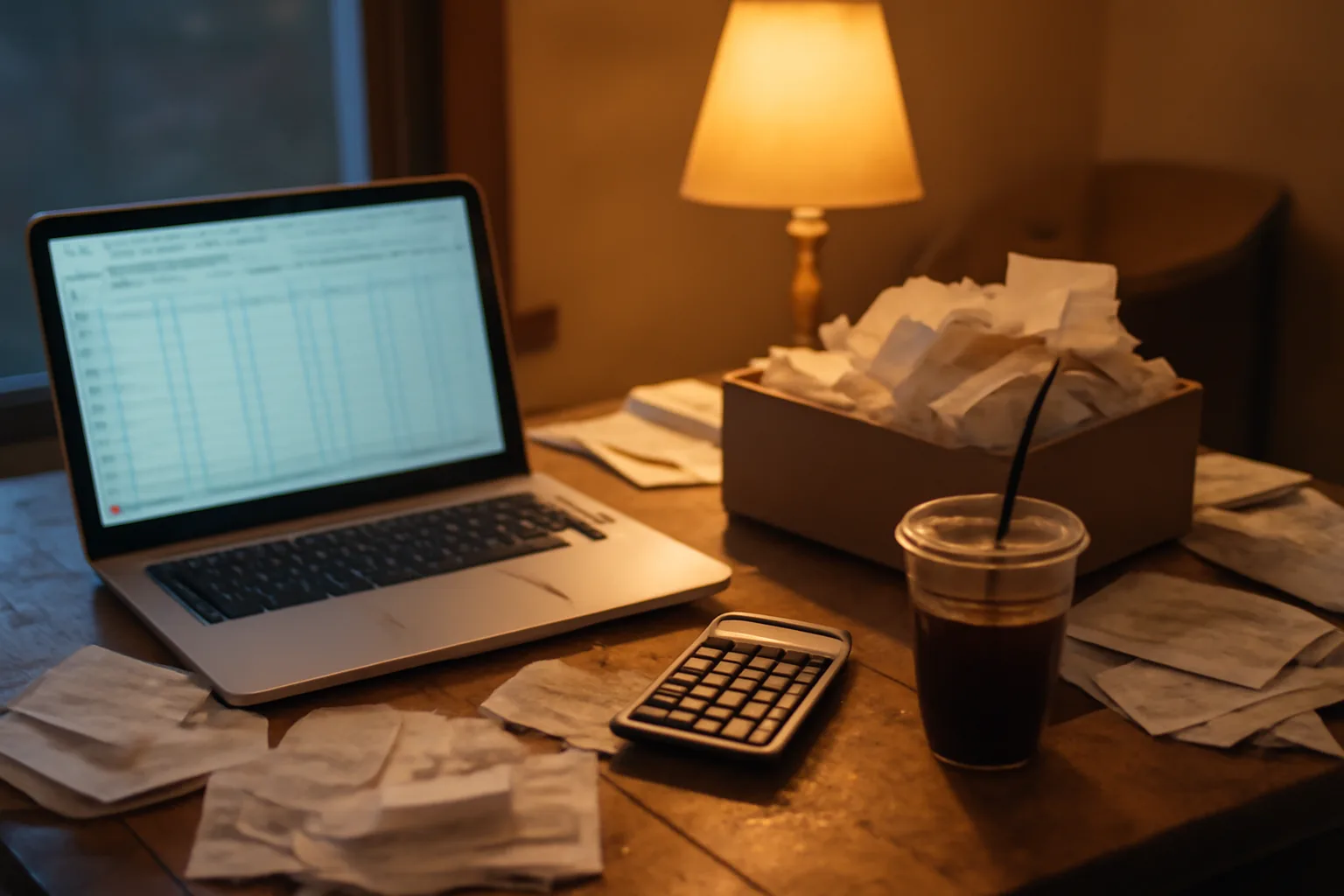 Volunteer treasurer's kitchen table with receipts and laptop, working on booster club finances