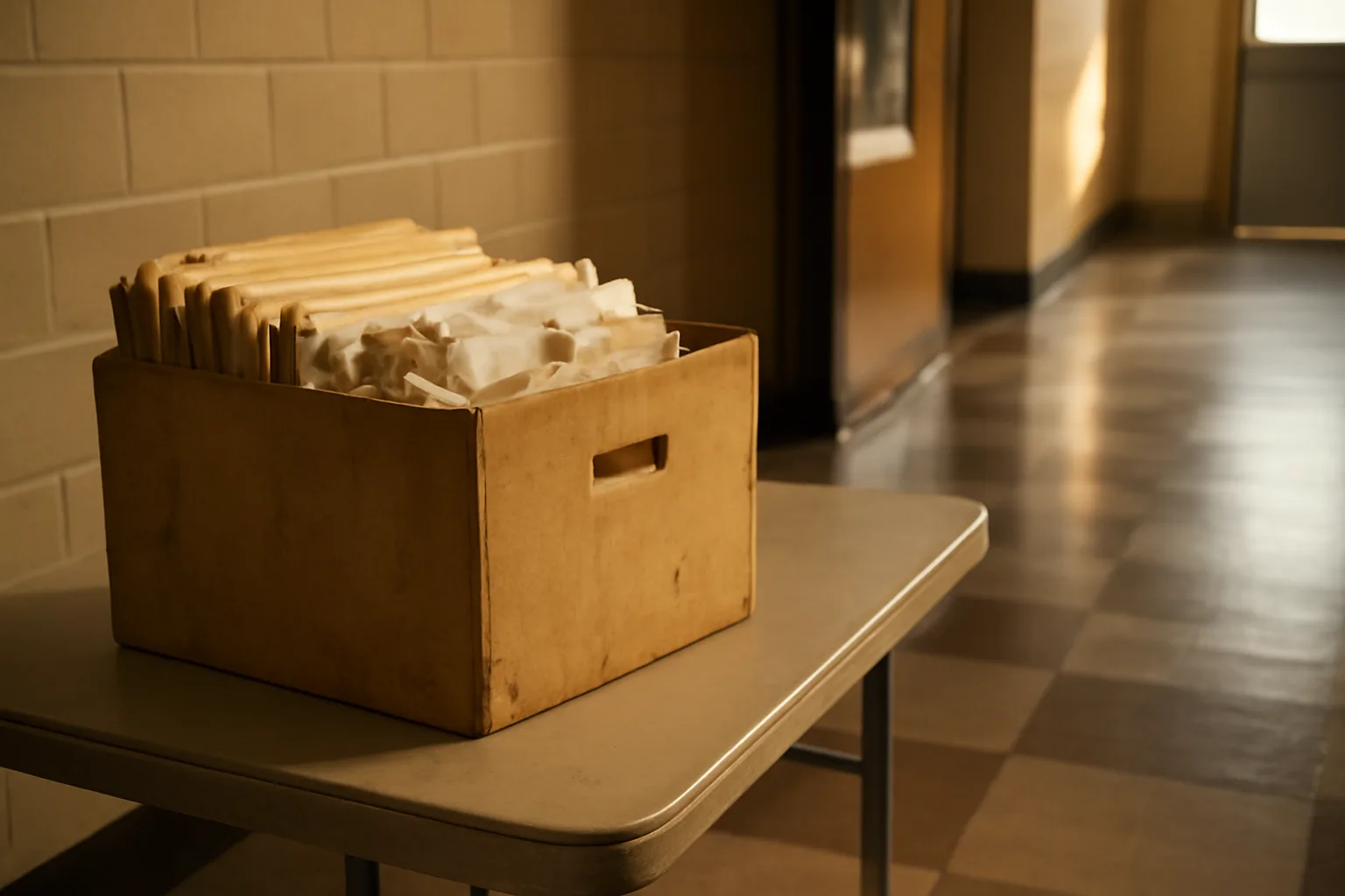 banker's box of receipts on folding table, representing booster club 501c3 violation cleanup